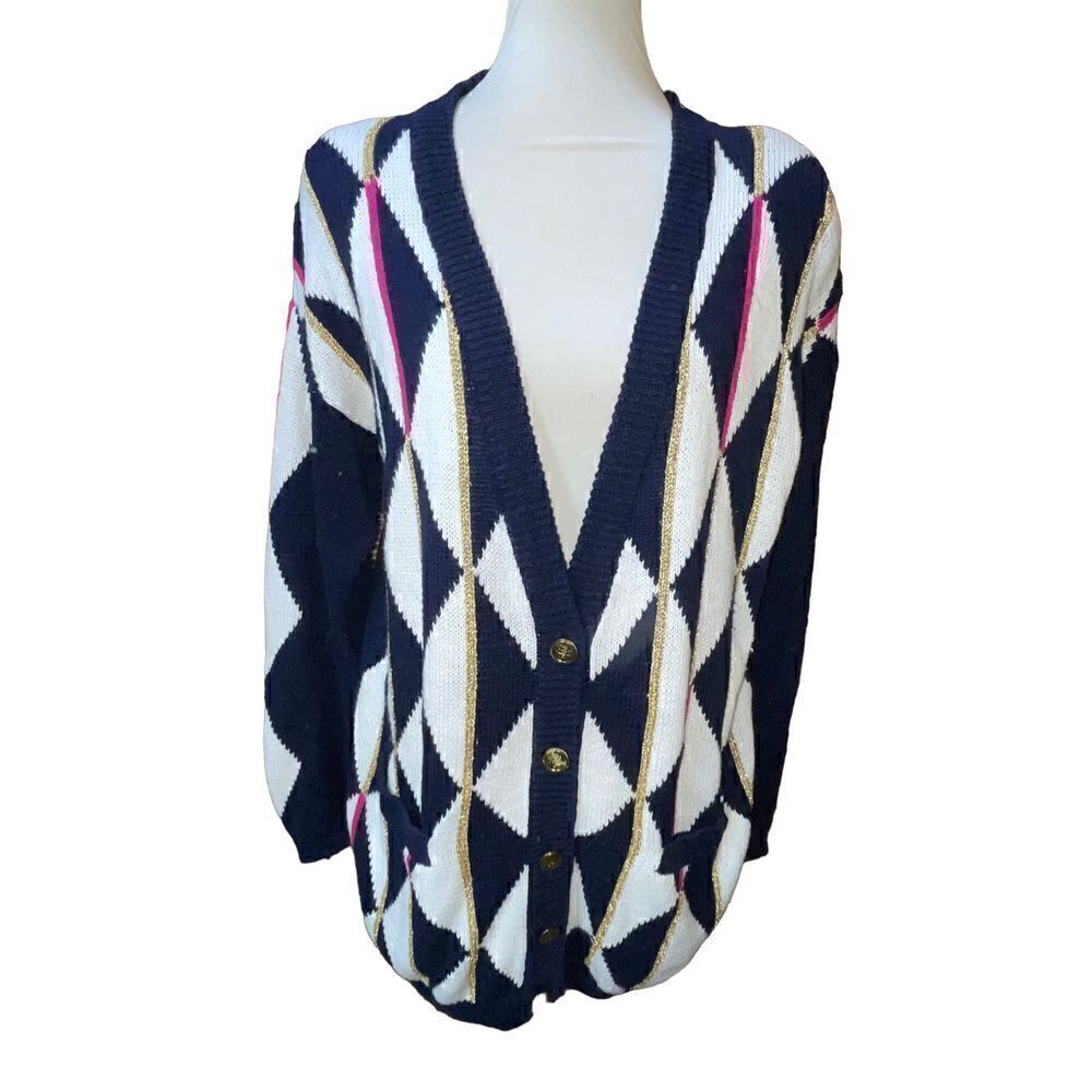 Concepts Button Down Geometric Multi Color Long Sleeve Navy Blue& White Cardigan